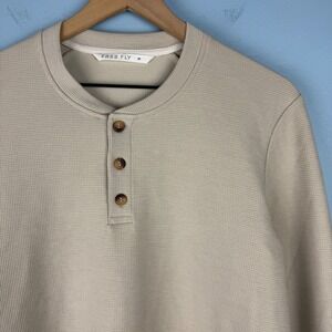 Free Fly Men's Medium Beige Waffle Long Sleeve Henley Shirt Button Up Stretch